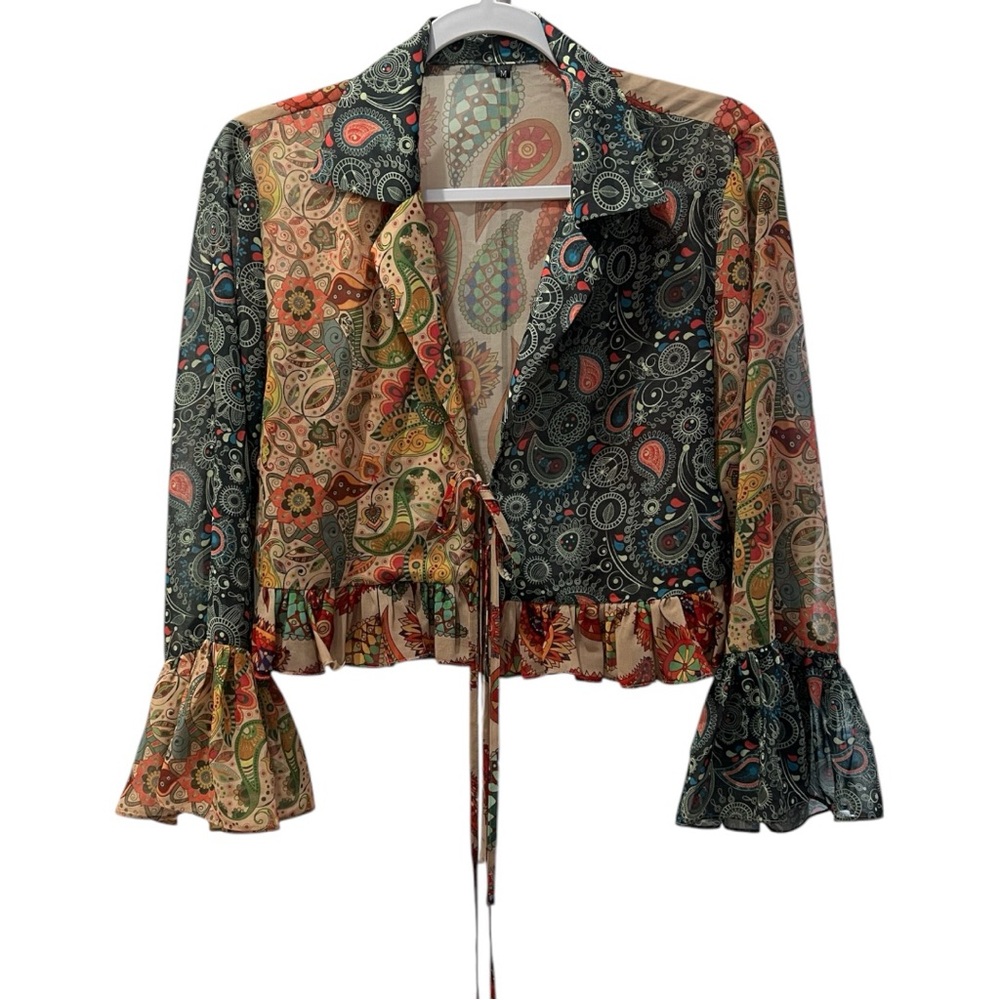 Colorful Paisley Tie-Front Blouse